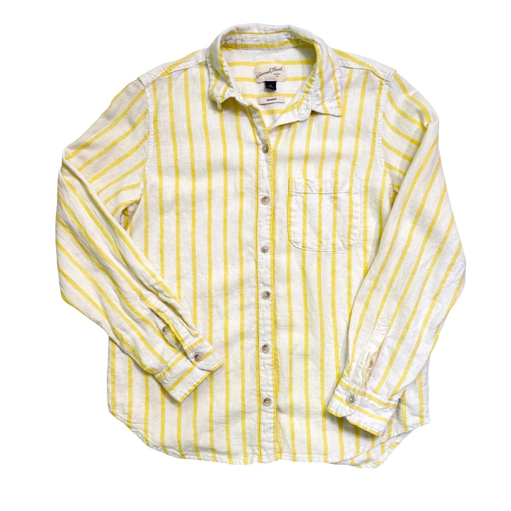 Universal Thread Linen Blend Button Down Womens XS Yellow Striped Relaxed Fit